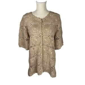 Vintage International Apparel Mart Crochet Short Sleeve Cardigan Women's 1X Tan